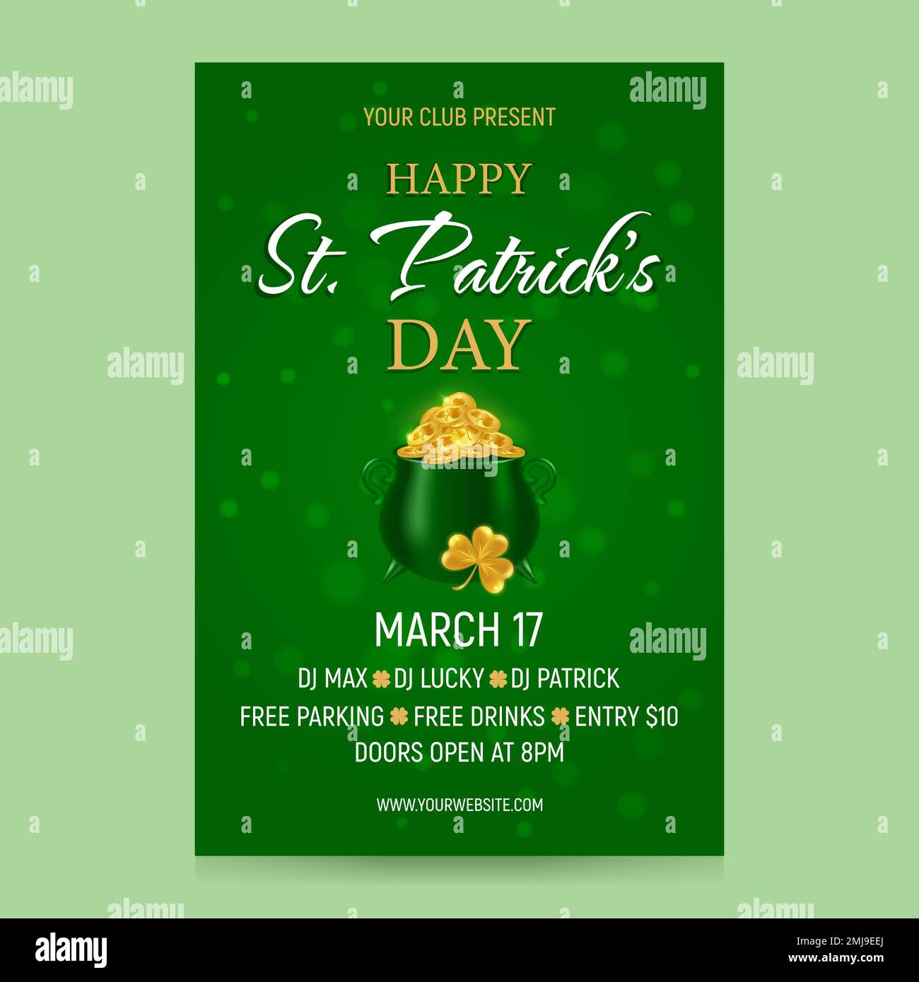 St Invito alla festa di Patricks Day. Calderone con monete dorate lucenti su sfondo verde, testo pubblicitario. Buon giorno di San Patrizio. Vettore i Illustrazione Vettoriale