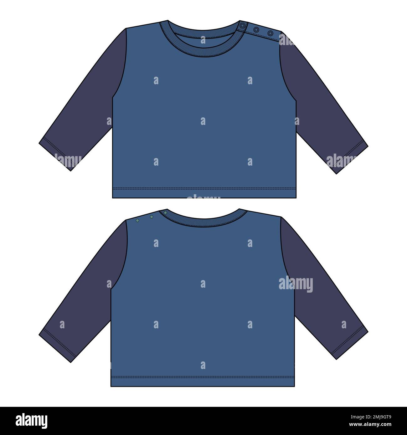 T-shirt tecnica generale stile piatto disegno vettoriale modello di illustrazione viste anteriore e posteriore. Abbigliamento di base Design Mock up per bambini e ragazzi Illustrazione Vettoriale