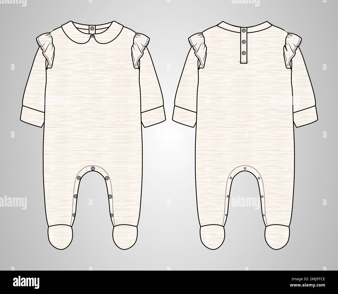 Baby bodysuit tecnica moda sketch modello di moda vettoriale Vista anteriore e posteriore. Illustrazione Vettoriale