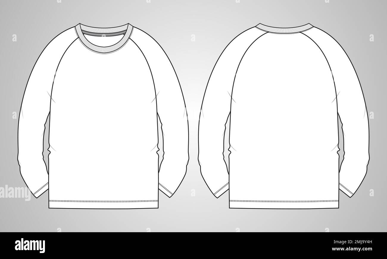 T-shirt manica lunga tecnica moda piatto disegno vettoriale modello di illustrazione viste anteriore, posteriore Illustrazione Vettoriale