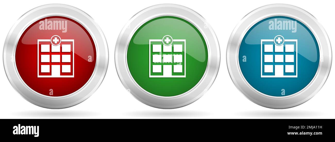 Hospital building vector icon set. Red, blue and green silver metallic web buttons with chrome border Illustrazione Vettoriale