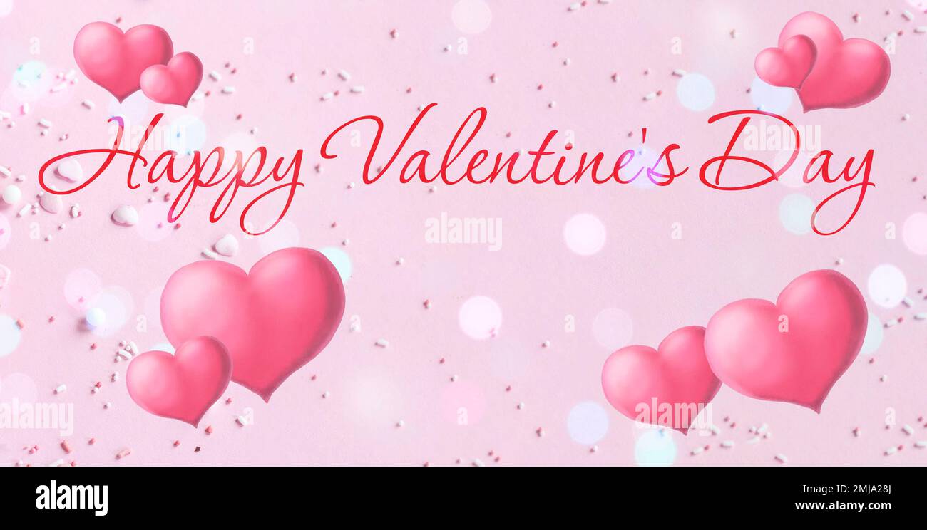 San Valentino. Sfondo di San Valentino su sfondo rosa. Iscrizione Buon San Valentino. Cuori rosa. Banner. Foto Stock
