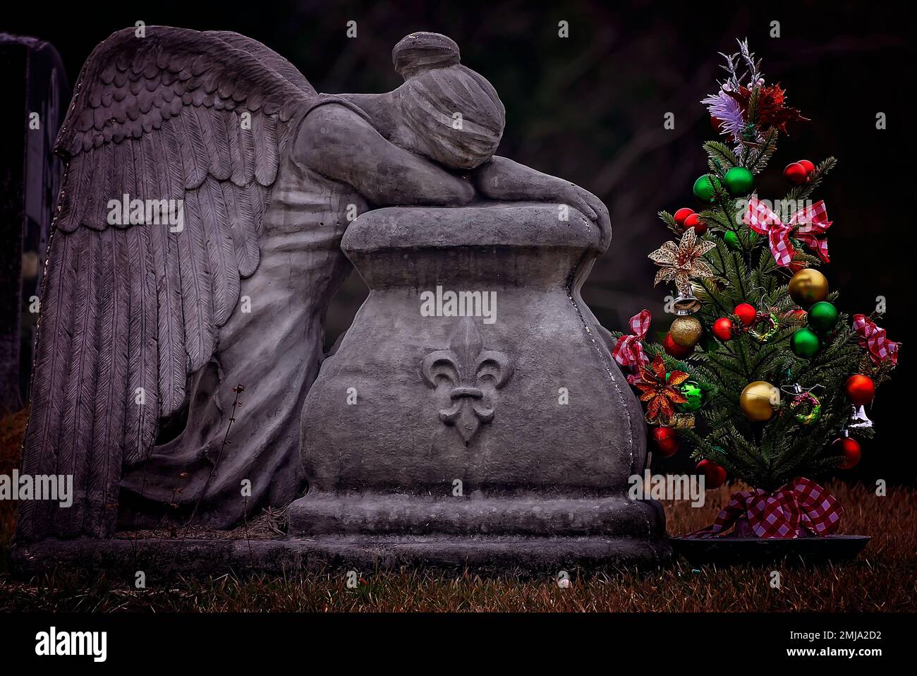 Un albero di Natale si trova accanto ad un angelo piangente in San Rose of Lima Cemetery, 1 gennaio 2023, a Coden, Alabama. Foto Stock