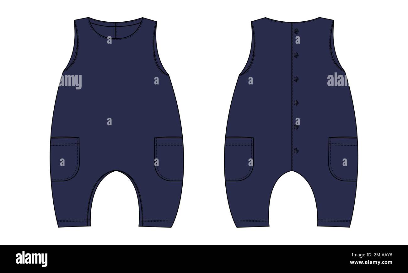Sleeveless baby romper tecnico globale moda piatto disegno vettoriale illustrazione modello vista anteriore e posteriore. Abbigliamento Abbigliamento design Mock up Illustrazione Vettoriale