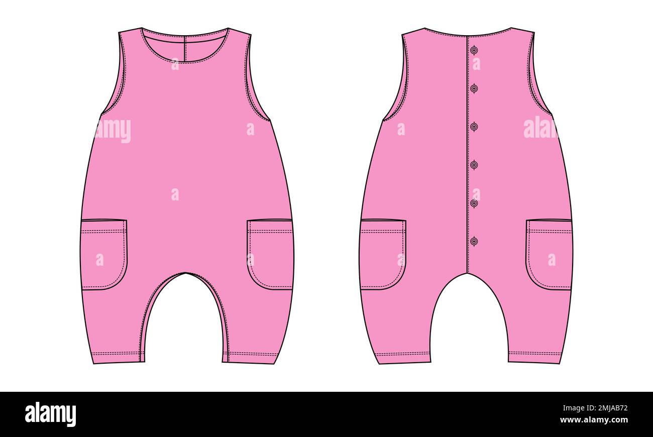 Sleeveless baby romper tecnico globale moda piatto disegno vettoriale illustrazione modello vista anteriore e posteriore. Abbigliamento Abbigliamento design Mock up Illustrazione Vettoriale