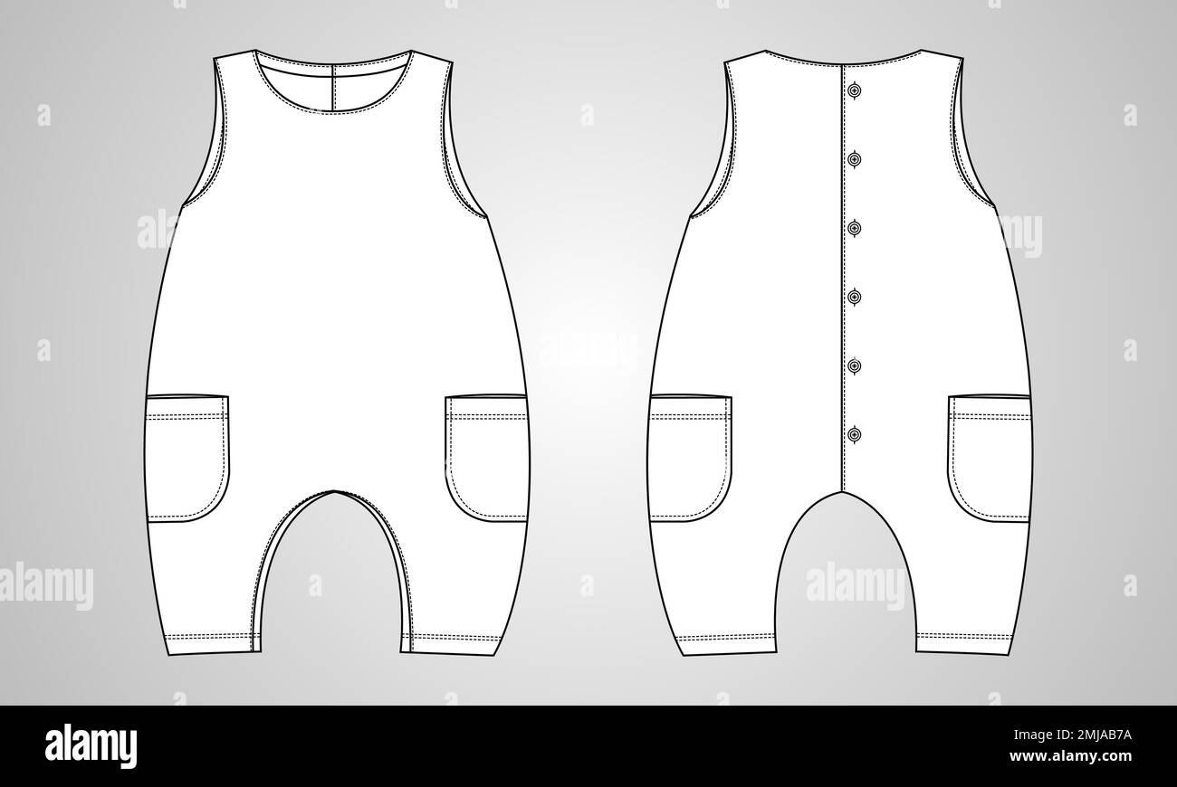 Sleeveless baby romper tecnico globale moda piatto disegno vettoriale illustrazione modello vista anteriore e posteriore. Abbigliamento Abbigliamento design Mock up Illustrazione Vettoriale