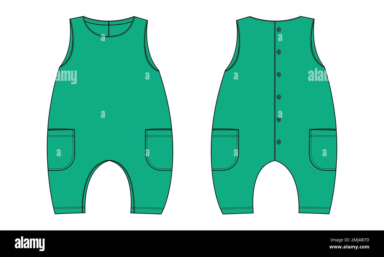 Sleeveless baby romper tecnico globale moda piatto disegno vettoriale illustrazione modello vista anteriore e posteriore. Abbigliamento Abbigliamento design Mock up Illustrazione Vettoriale