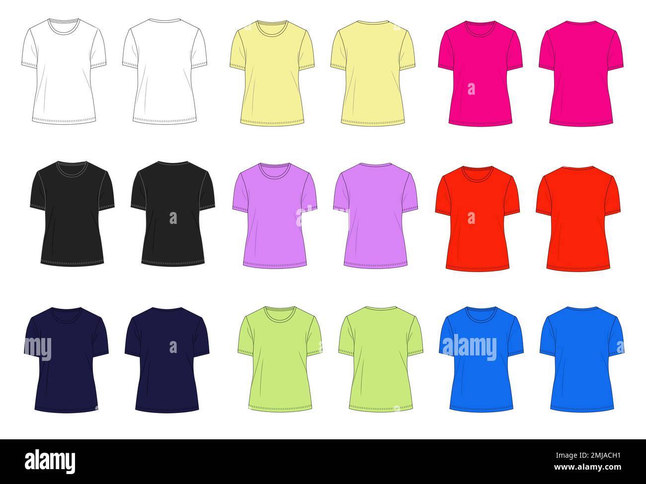 T-shirt a manica corta piatta multicolore modello tecnico di moda per donna e ragazza. Illustrazione grafica vettoriale mock up di abbigliamento Illustrazione Vettoriale