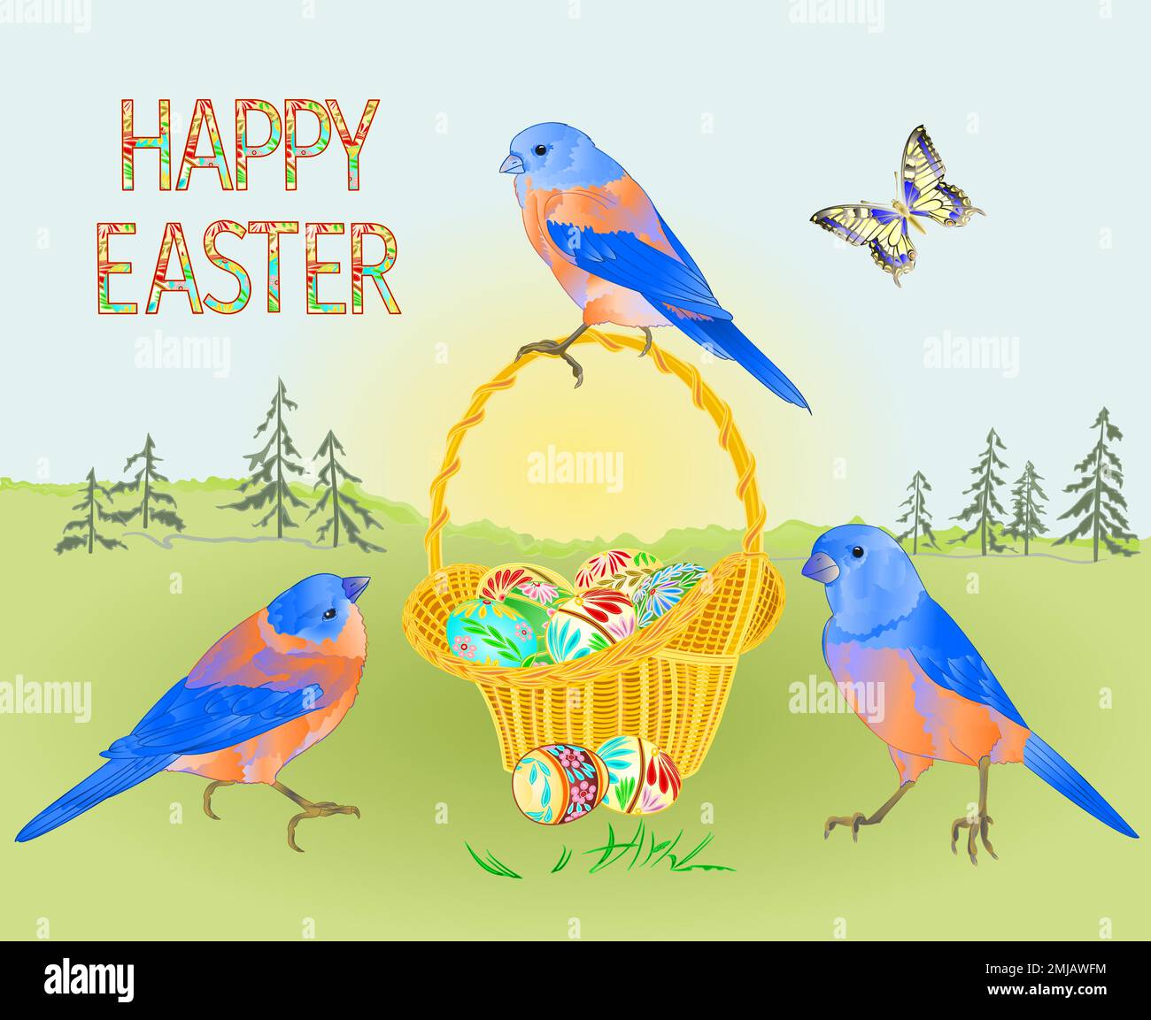 Primavera pasqua paesaggio foresta uccelli Bluebirds Pasqua vimini e uova di pasqua e farfalla in erba con fiori vintage vettore illustrazione edi Illustrazione Vettoriale