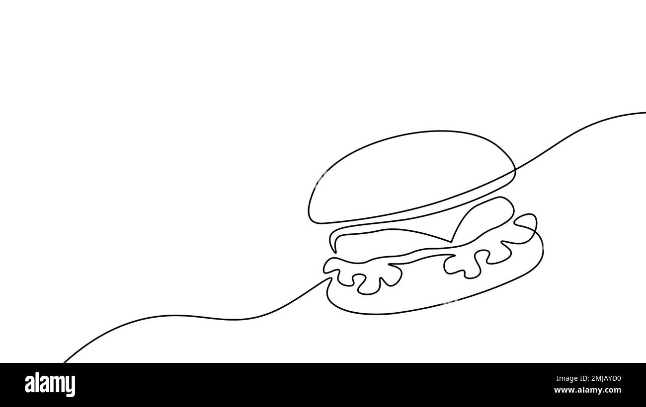 Concetto di simbolo di cheeseburger continuo a una linea. Silhouette di fast food hamburger ristorante con panini insalata di formaggio. Schizzo digitale a linea singola bianco Illustrazione Vettoriale