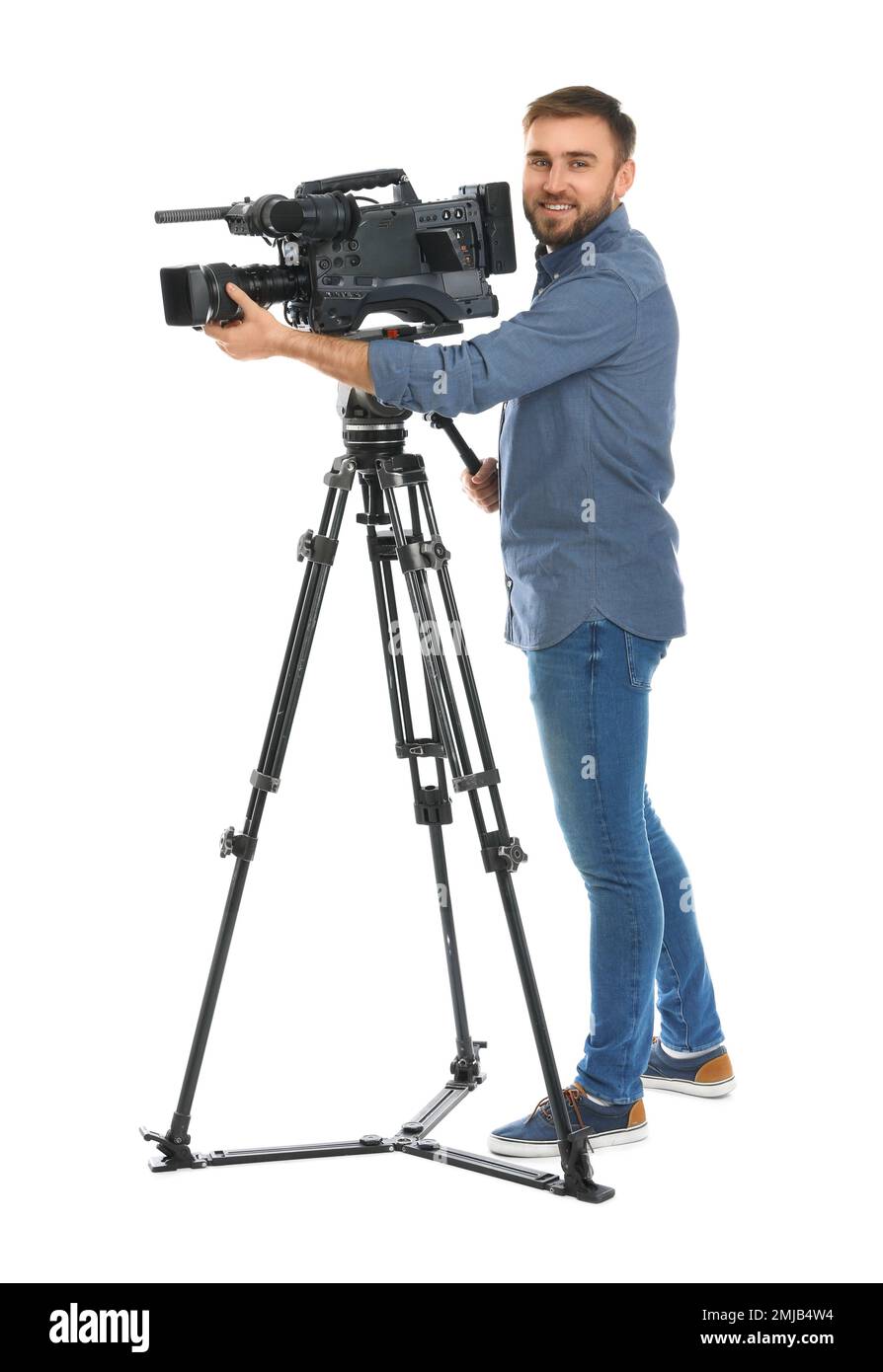 Operatore con videocamera professionale su sfondo bianco Foto Stock