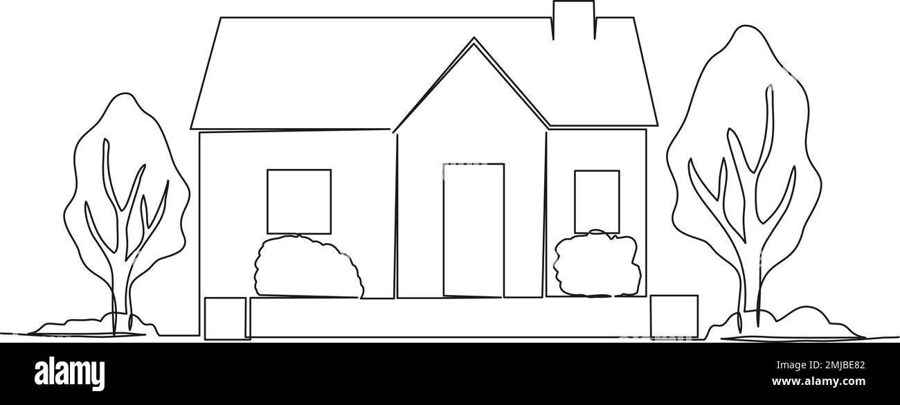 disegno continuo a linea singola di piccola casa single-familiy con gli alberi in iarda, disegno vettoriale di arte di linea Illustrazione Vettoriale