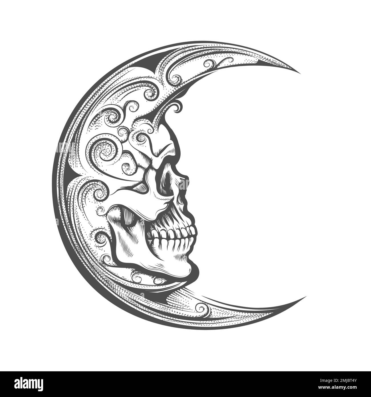 Tatuaggio del volto del cranio Luna mezzaluna in stile incisione isolato su sfondo bianco. Illustrazione vettoriale Illustrazione Vettoriale