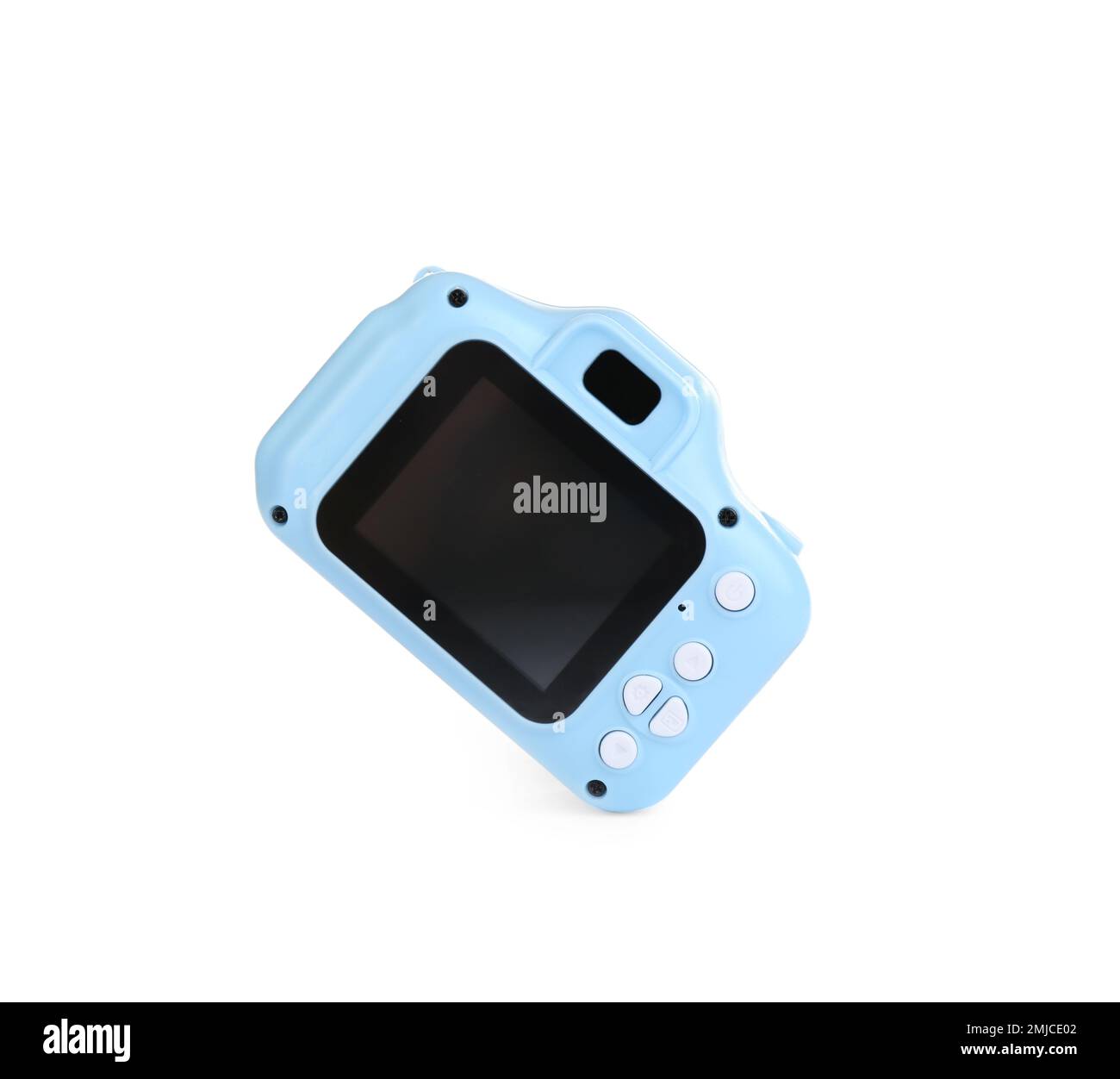Videocamera giocattolo blu chiaro isolata su bianco Foto Stock