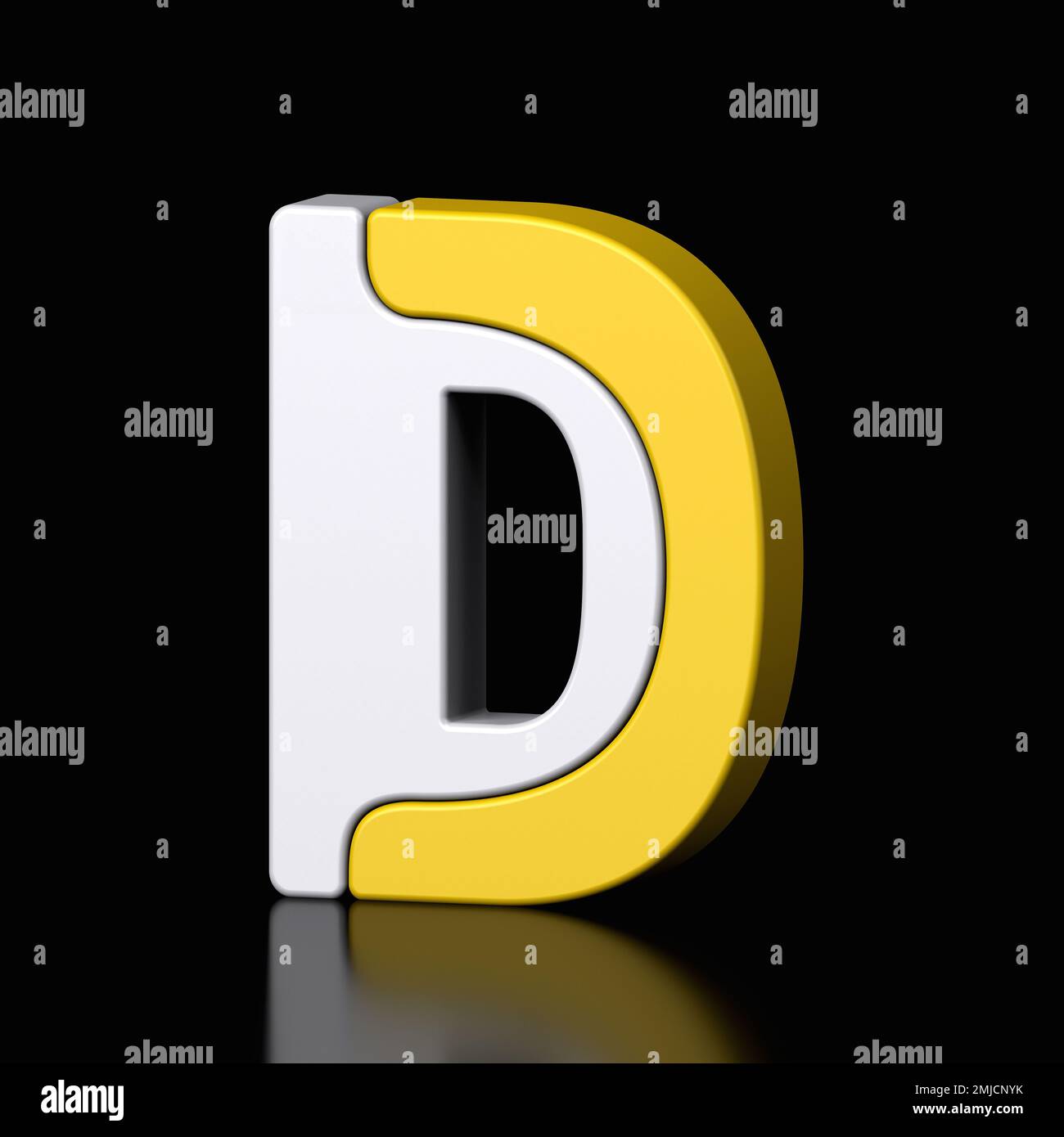 3D lettera D plastica gialla e bianca dall'alfabeto isolato su sfondo nero. Illustrazione del design dei caratteri metallici ad alta tecnologia, testo minimal s Foto Stock