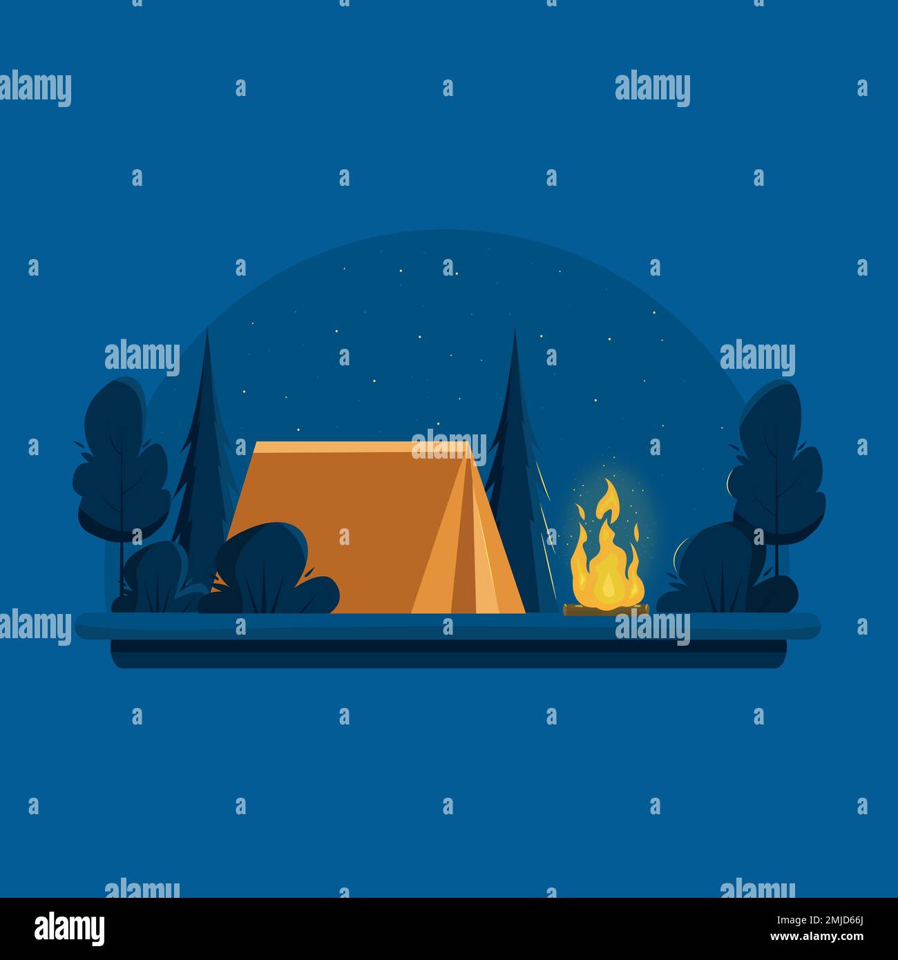 Campeggio. Paesaggio notturno con tenda arancione vicino al falò. Banner per campo estivo, turismo naturalistico, campeggio, escursioni, trekking, ecc. Illustrazione vettoriale. Illustrazione Vettoriale