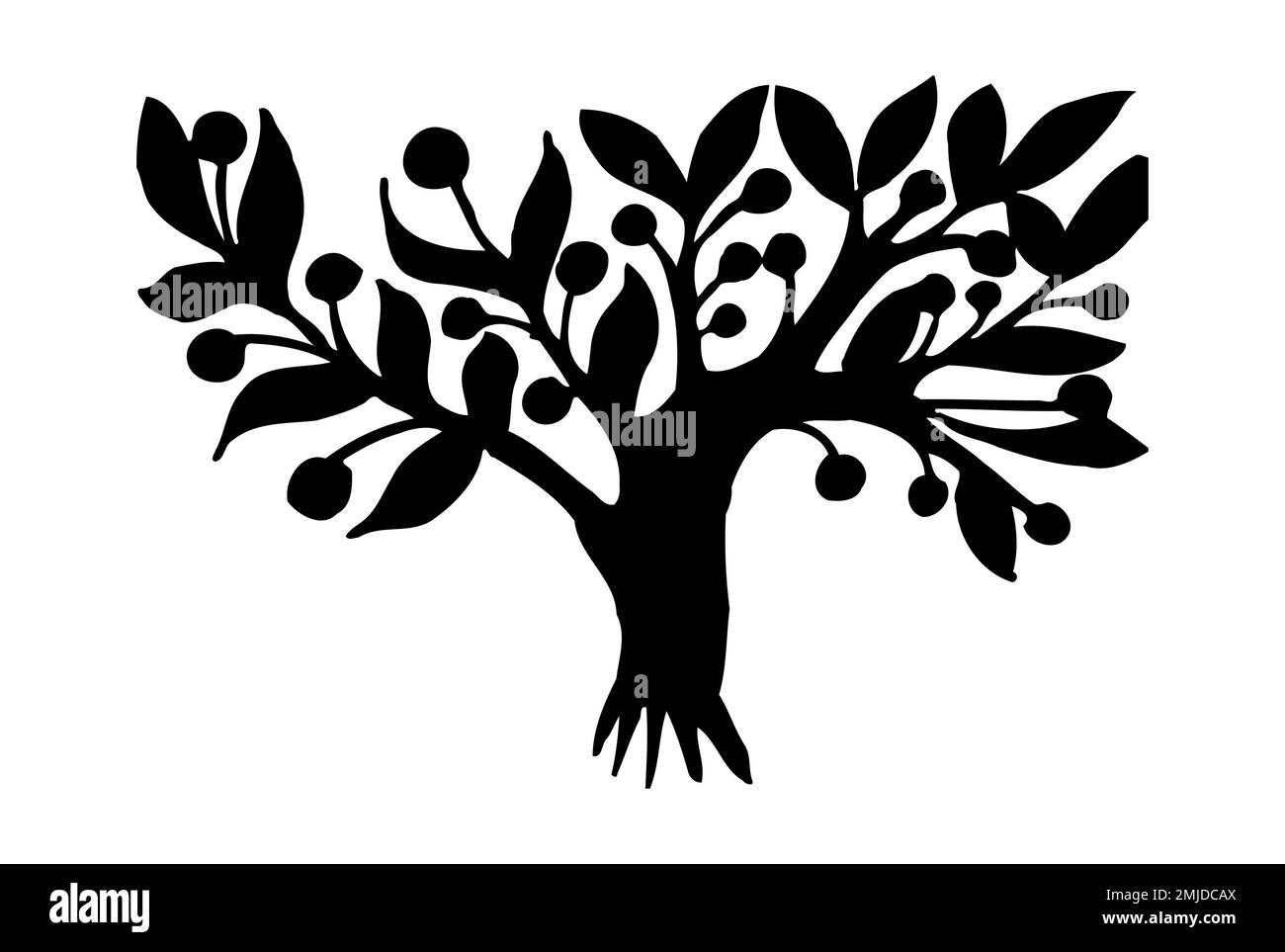 Albero rami silhouette nera isolato su sfondo bianco con molte foglie Illustrazione Vettoriale