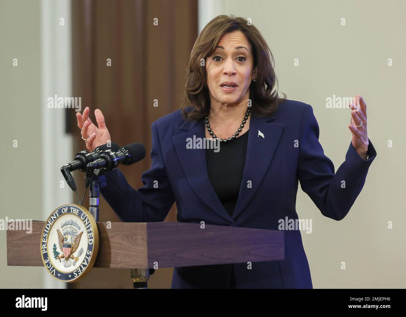 Il Vice Presidente degli Stati Uniti Kamala Harris si rivolge a un incontro di funzionari statali e locali, leader del lavoro e NGOs provenienti da tutti gli Stati Uniti durante un accelerato Lead Pipe Replacement Summit alla Casa Bianca Venerdì 27 gennaio 2023 a Washington D.C.. Credito: Jemal Countess / piscina via CNP Foto Stock