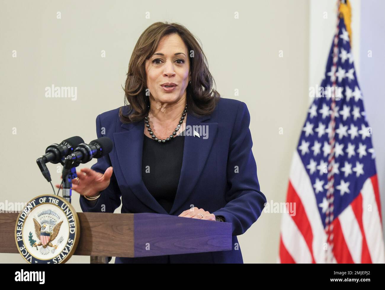 Washington, DC. 27th Jan, 2023. Il Vice Presidente degli Stati Uniti Kamala Harris si rivolge a un incontro di funzionari statali e locali, leader del lavoro e NGOs provenienti da tutti gli Stati Uniti durante un Accelerating Lead Pipe Replacement Summit alla Casa Bianca, venerdì 27 gennaio 2023 a Washington, DC. Credito: Jemal Countess/Pool tramite CNP/dpa/Alamy Live News Foto Stock