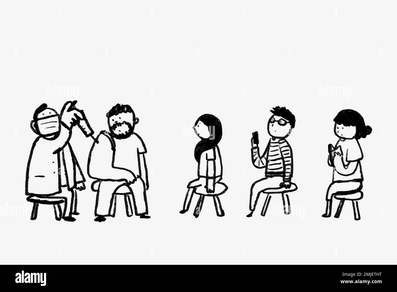 Vaccinazione persone vettoriali disegnate a mano che ottengono il carattere vaccinato Illustrazione Vettoriale