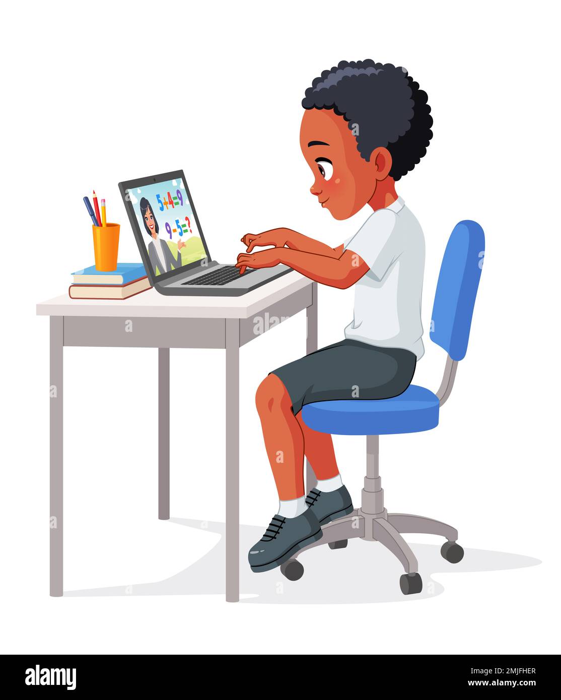 Carino bambino della scuola africana che studia con il laptop. Illustrazione del vettore cartoon. Illustrazione Vettoriale