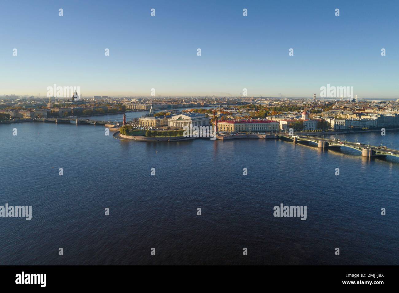 Sputare l'Isola di Vasilyevsky in un paesaggio panoramico su una soleggiata mattinata di ottobre (vista aerea). San Pietroburgo, Russia Foto Stock