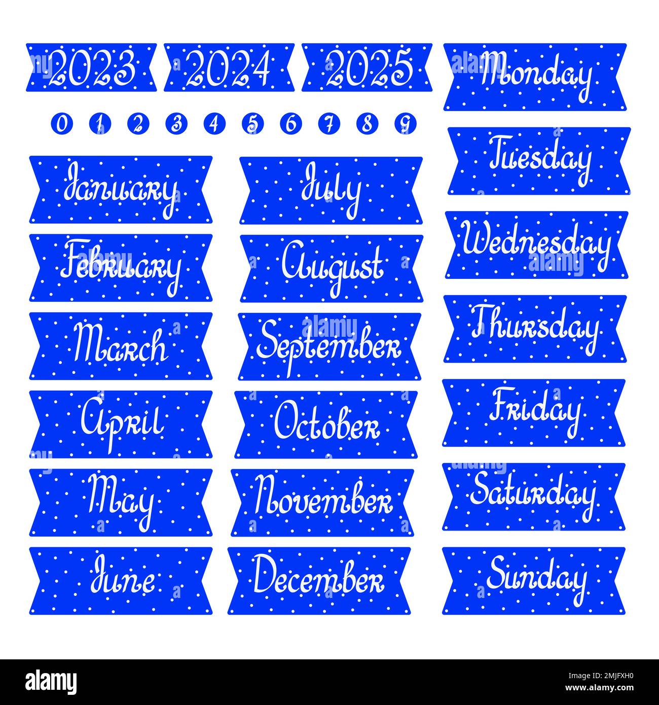 Planner adesivi stampabili giorni della settimana, mesi, anno per il diario, bullet journal decorazione semplice illustrazione vettoriale Illustrazione Vettoriale