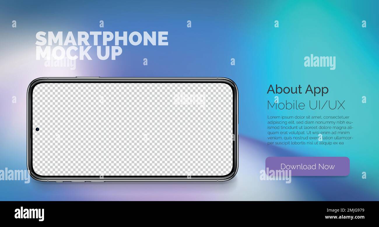 Mockup orizzontale del telaio del cellulare con visualizzazione vuota su sfondo astratto. Concetto di smartphone vettoriale su sfondo blu. Modello di smartphone realistico. Illustrazione Vettoriale