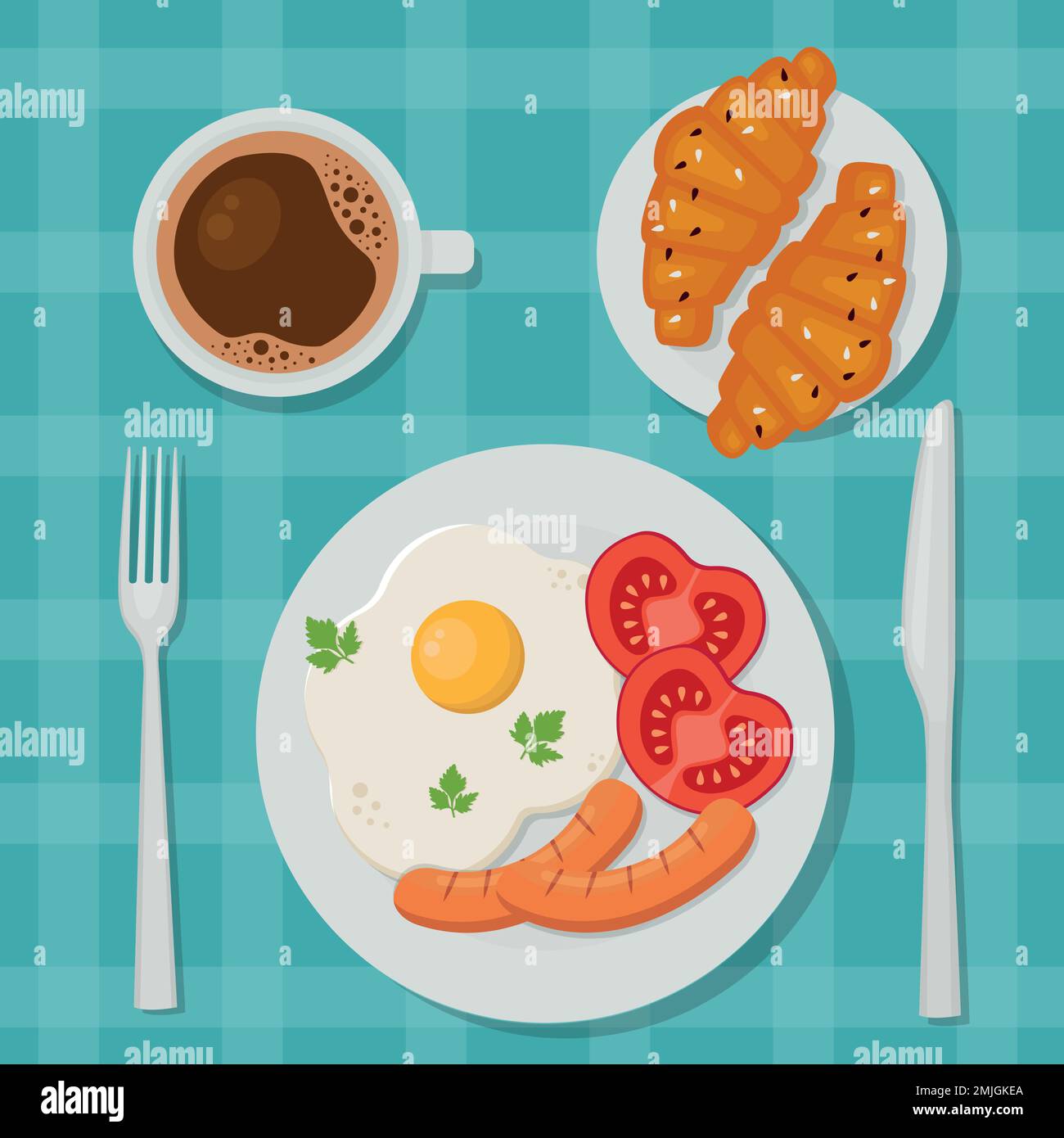 Deliziosa colazione: Uova fritte, caffè e croissant. Vista dall'alto. Illustrazione vettoriale in stile cartoon piatto. Illustrazione Vettoriale