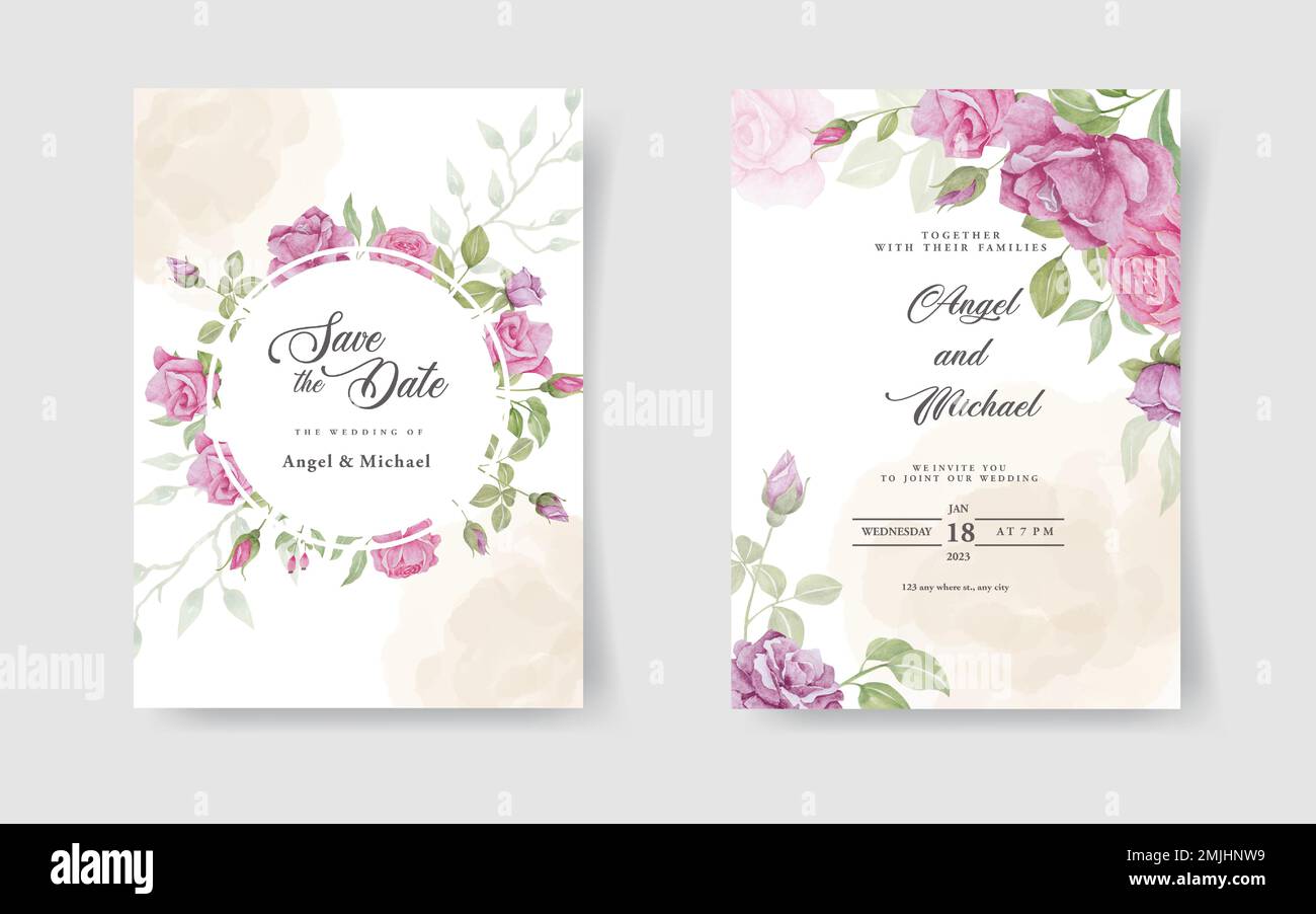 Set di carte con bordo fiori. Set di template di invito con decorazione floreale. Rose e lascia l'illustrazione botanica per la scheda di nozze, lo sfondo, s Illustrazione Vettoriale