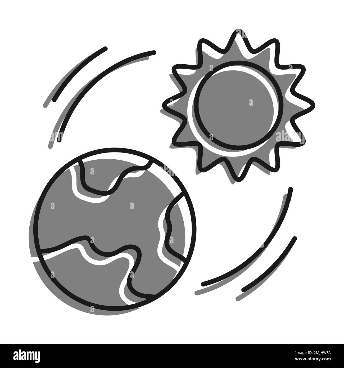 Il sole splende sul pianeta Terra lineare riempito con icona di colore grigio. Cambiare le stagioni sul pianeta. Riscaldamento globale. Aumento della temperatura ambiente. Semplice bla Illustrazione Vettoriale