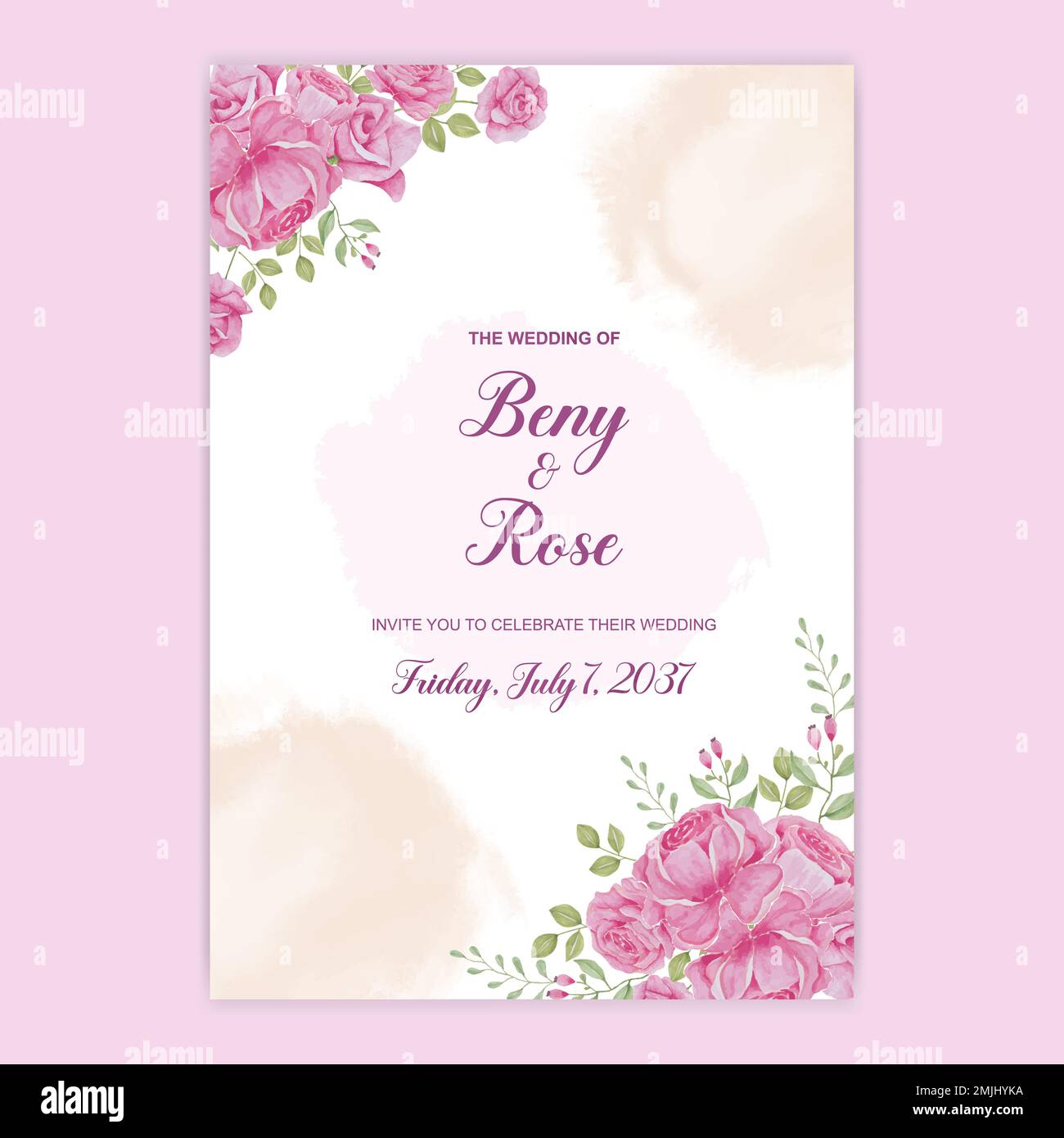 moderno design vettoriale rosa alla moda. Erba di pampas pastello, felce, peonia bianca, magnolia, rosa porpora, orchidea, giacinto. Pennello acquerello texture.Wedd Illustrazione Vettoriale