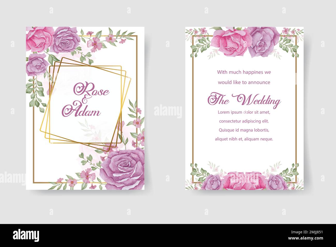 Motivo floreale per l'invito di nozze. Cornice poligonale dorata, rose beige, rosa rosa, bacche, piante verdi, eucalipto. Tutti gli elementi sono isolati. G Illustrazione Vettoriale