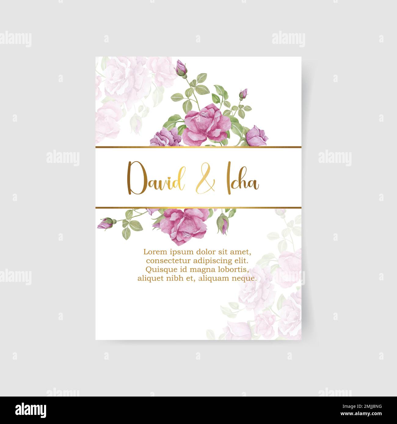 Invito floreale di nozze, disegno della scheda di invtazione. Watercolor stile rosa rosa rosa rosa, fiori di peonia giardino bianco, foglie verdi, felce verde e geom dorato Illustrazione Vettoriale