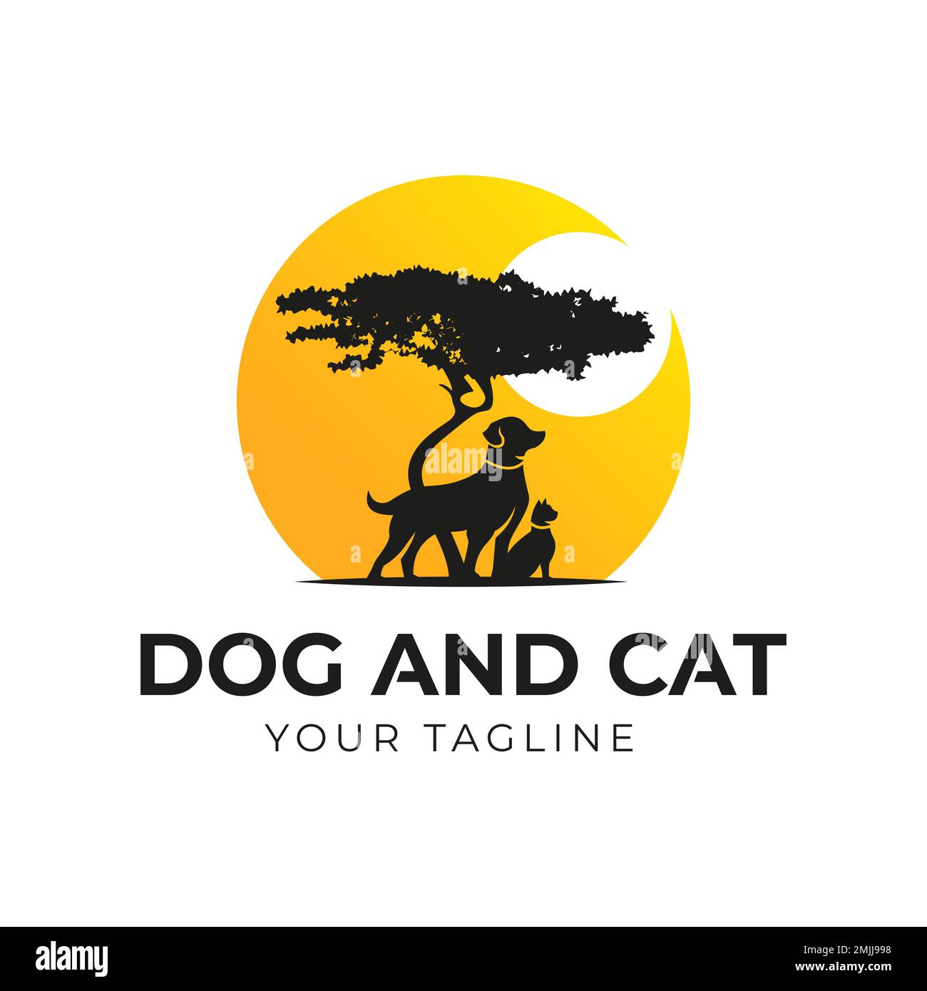 Albero di acacia con silhouette di cane e gatto per Safari Adventure. Sunrise Logo Design Vector Illustrazione Vettoriale