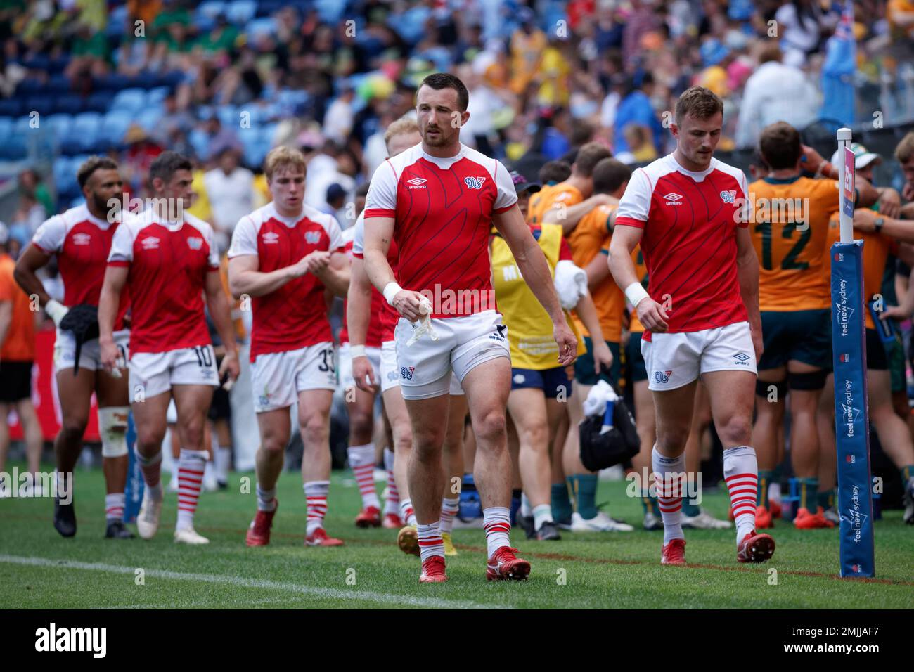 La squadra della Gran Bretagna lascia il campo dopo la partita dei Sydney Sevens del 2023 tra Australia e Gran Bretagna allo stadio Allianz il 27 gennaio 2023 a Sydney, Australia Foto Stock