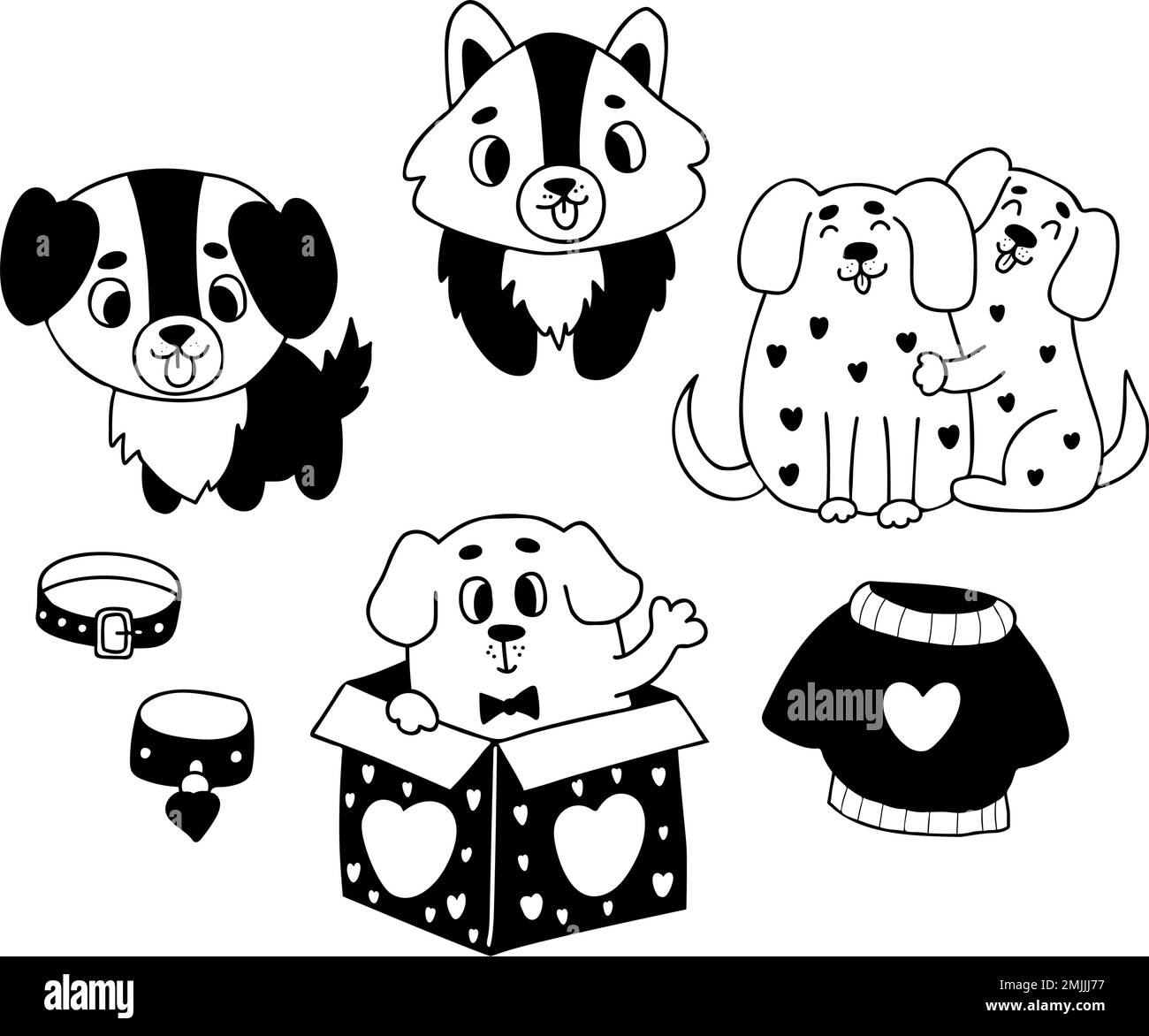 Cani romantici. Animali domestici carini. Cuccioli divertenti, cane in scatola e coppia abbracciante tra gli altri. Illustrazione vettoriale. Doodle isolato per il design e l'arredamento di valen Illustrazione Vettoriale