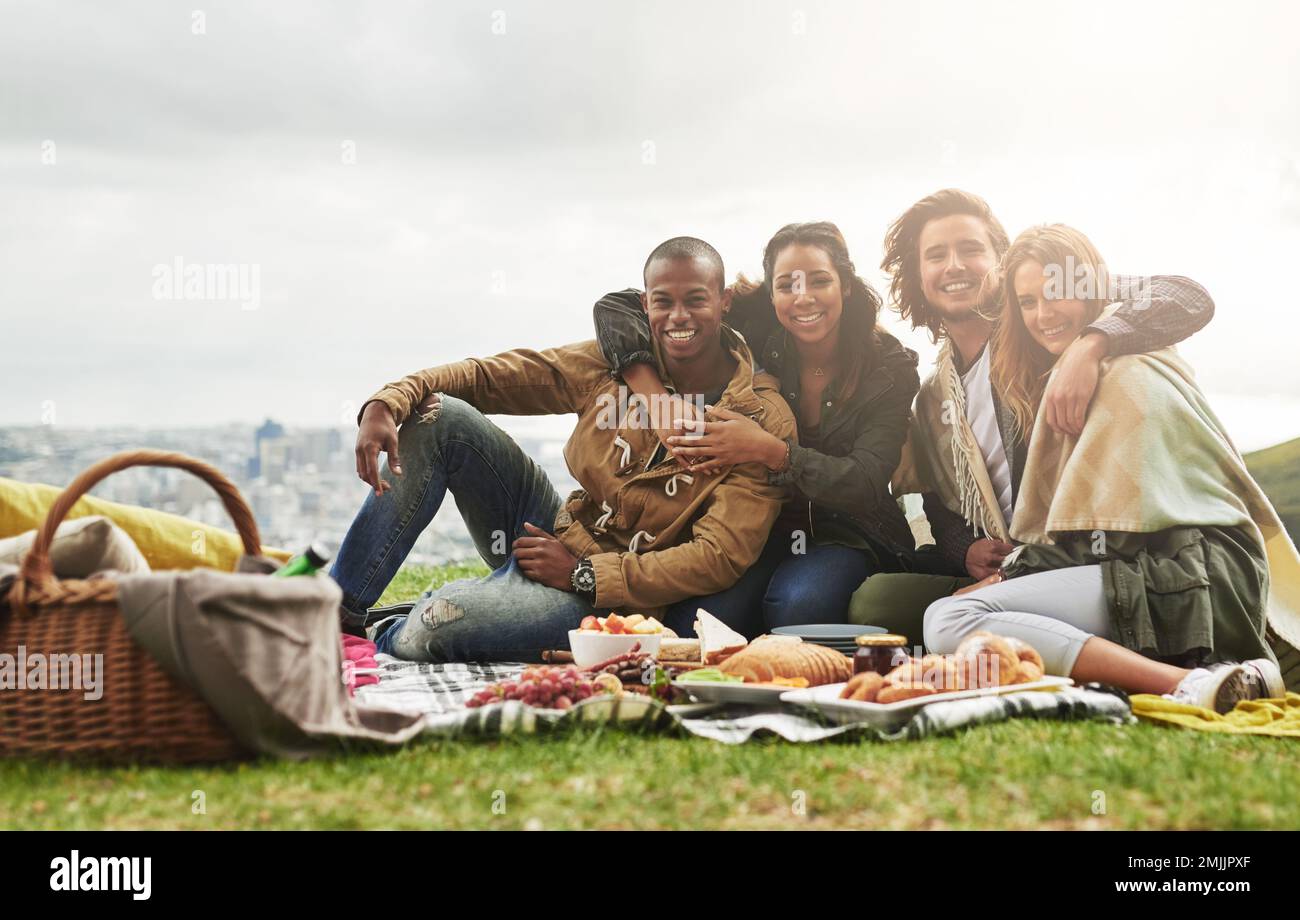 I migliori amici per sempre. Ritratto di un gruppo di giovani amici che si divertono a un picnic. Foto Stock