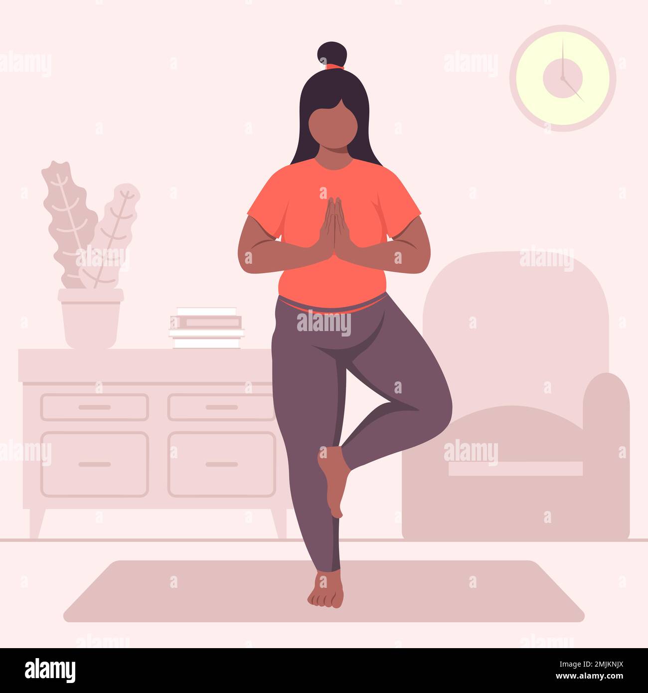Pelle nera donna incinta fare Vrikshasana Yoga a casa Vector Illustration in stile piatto Illustrazione Vettoriale