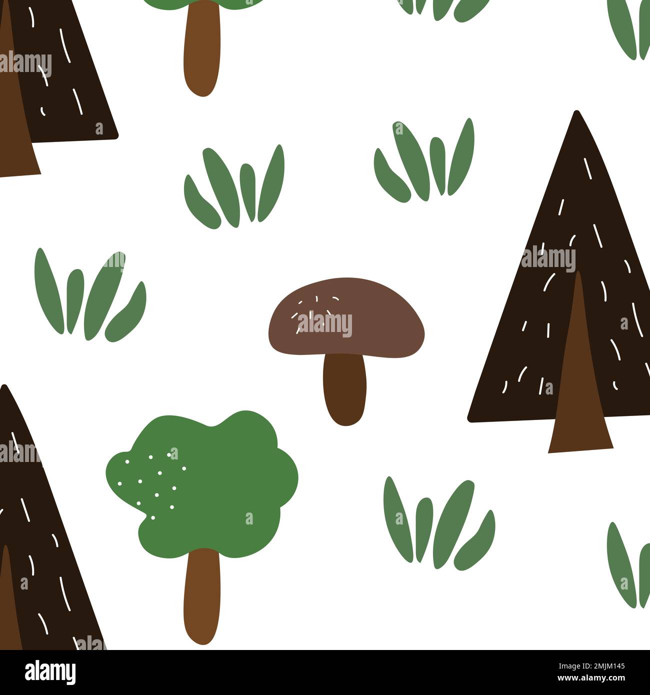 Alberi naturali dodle modello in stile estivo con funghi e erba. Illustrazione Vettoriale