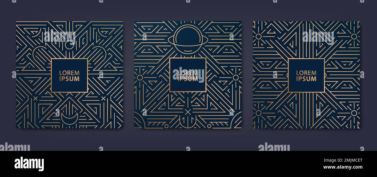Set vettoriale di modelli di copertina di lusso, motivi art deco con linea quadrata. Elementi di design di fantasia pianeta e luna ornamento fasi. Utilizzare per sfondi, biglietti da visita Illustrazione Vettoriale