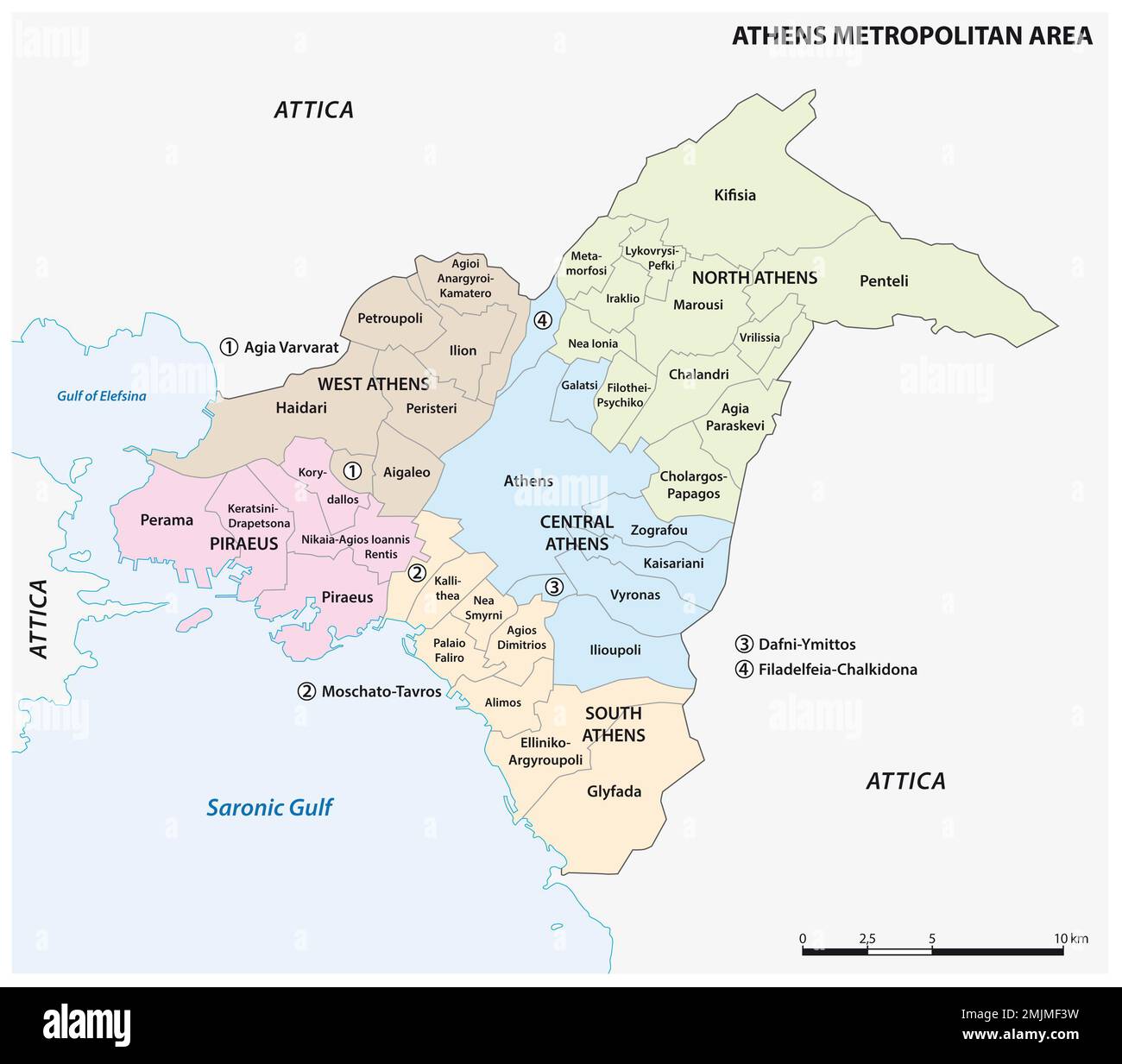 Mappa amministrativa dell'area metropolitana di Atene, Grecia Foto Stock