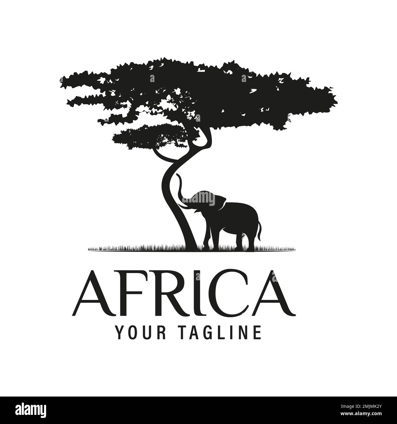 Albero di Acacia Africano con silhouette dell'elefante Africano per il vettore di disegno del logo di avventura di Safari Illustrazione Vettoriale
