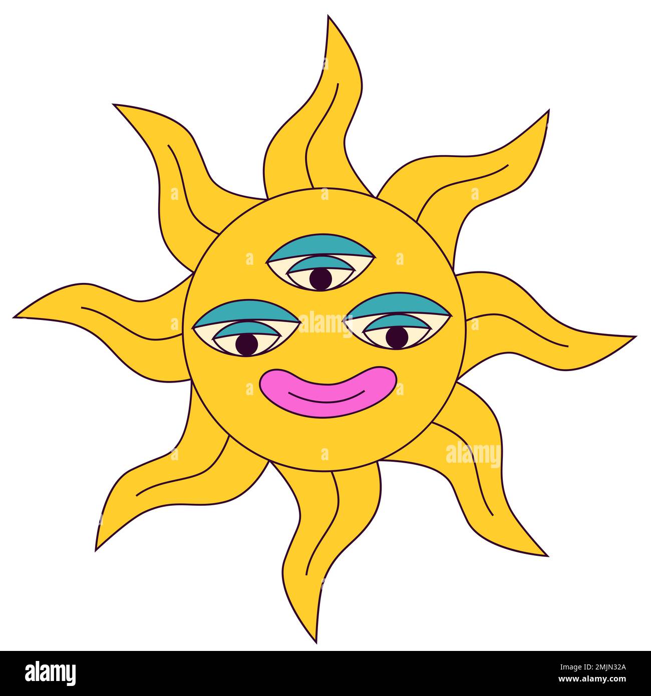 Astratta icona esoterica psichedelica del sole. Ippy hippie 1970 stile terzo occhi sorriso sole. Y2K adesivo lsd nostalgia. Vintage Vibe positivo. Mystic e fu Illustrazione Vettoriale