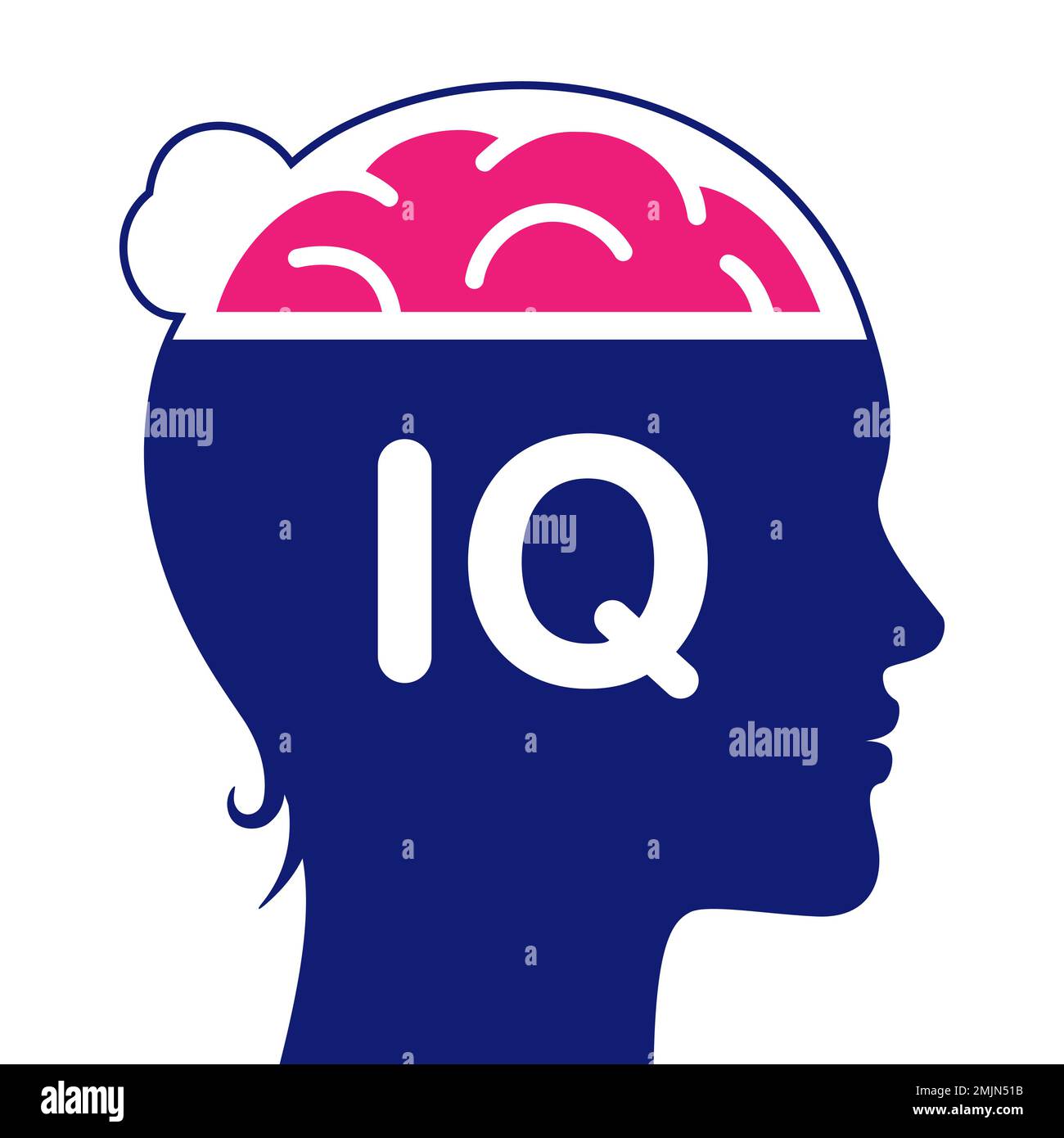Testa femminile con cervello e IQ segno, icona vettore. Pittogramma di test IQ, isolato su sfondo bianco. Illustrazione Vettoriale