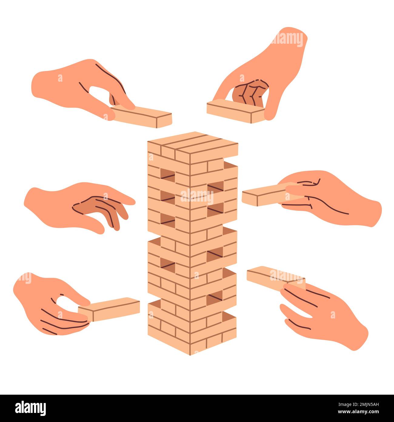 Gioco di Jenga. Giochi per bambini e adulti. Blocco di legno che tiene in mano. Gioco da tavolo, gioco da tavolo Illustrazione Vettoriale