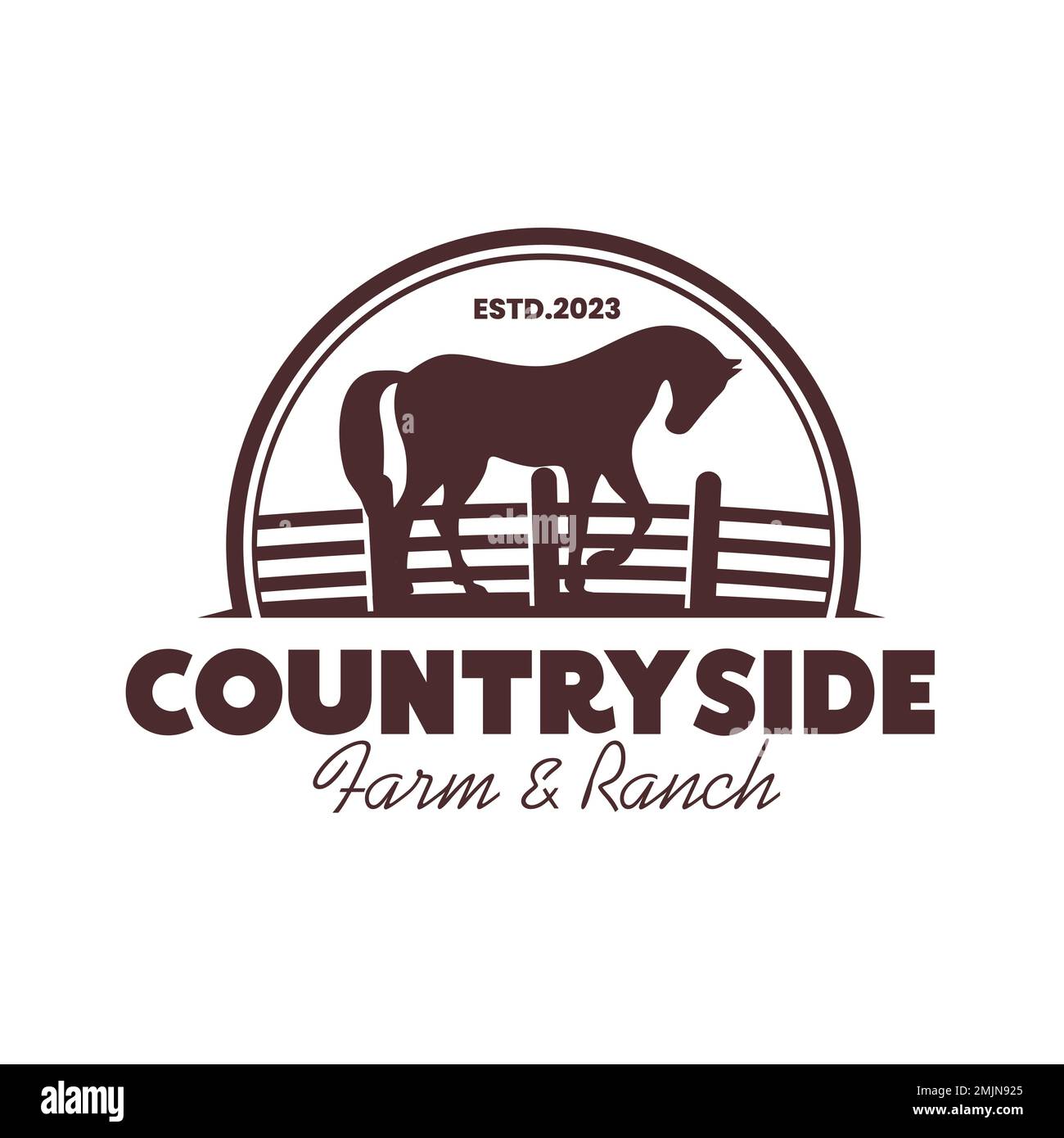 Silhouette illustrazione di un cavallo con una recinzione in legno per il design vintage retrò rurale Western Country Farm ranch logo Illustrazione Vettoriale