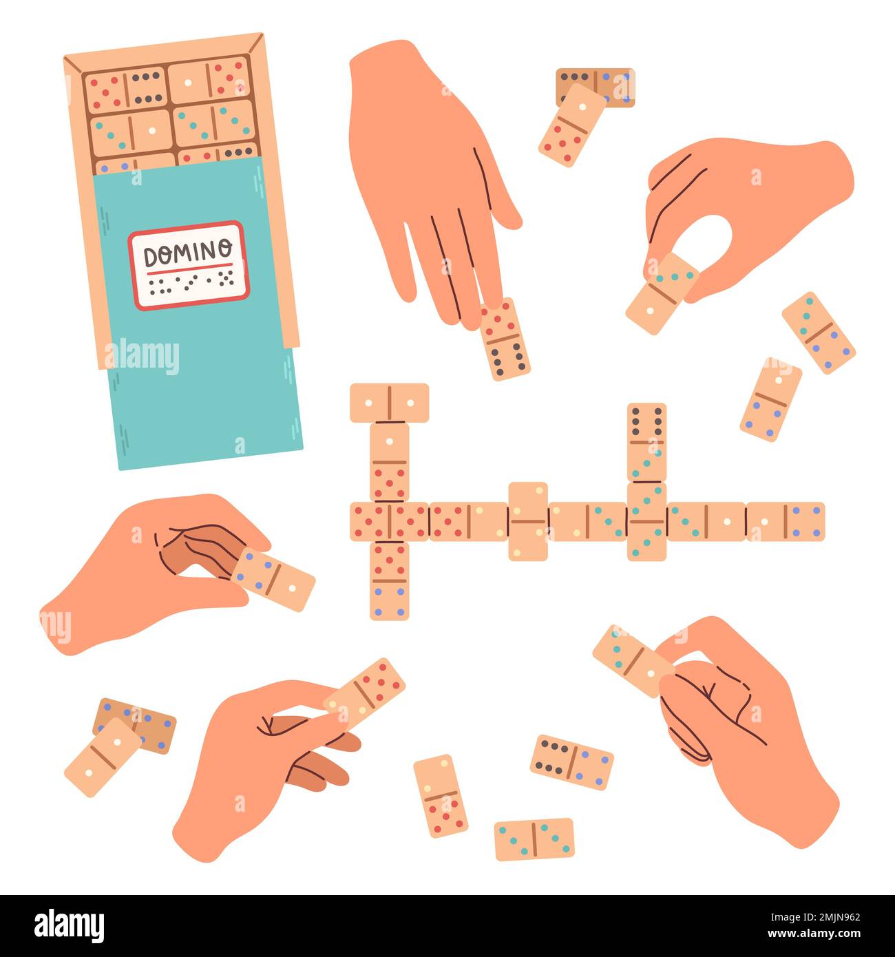 Gioco di Domino sul tavolo. Persone che giocano a domino. Chip di legno di domino a bordo per il gioco d'azzardo. Serie di trucioli di legno. Illustrazione Vettoriale