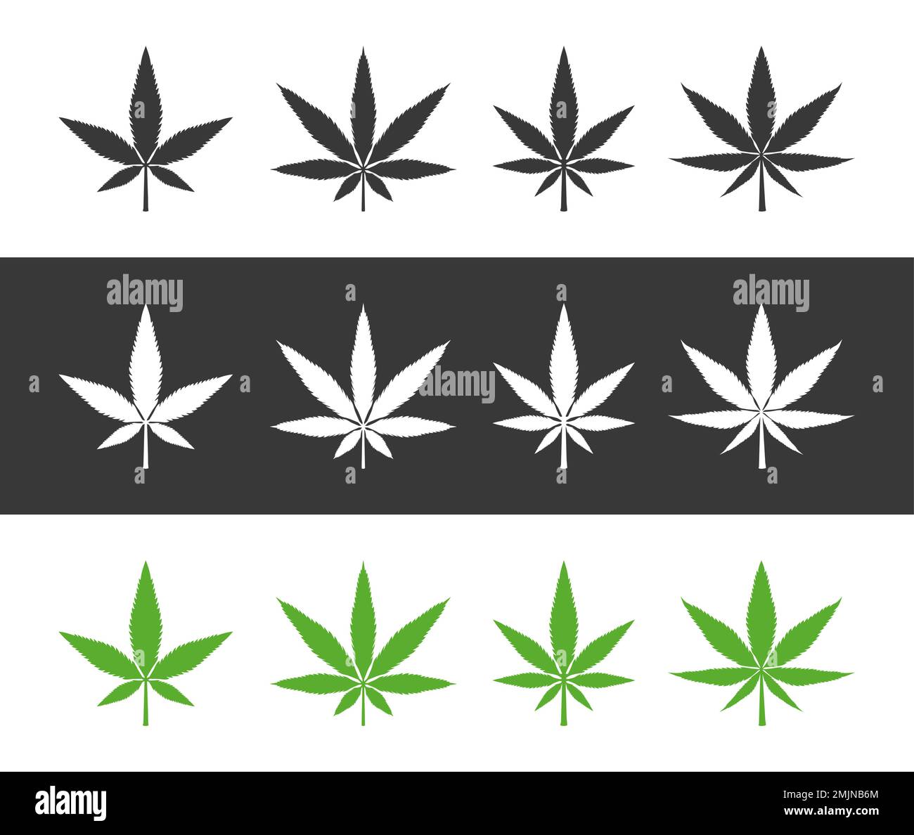 Marijuana foglie di erbe Nero Bianco Verde Silhouette Vector Illustration Set Illustrazione Vettoriale