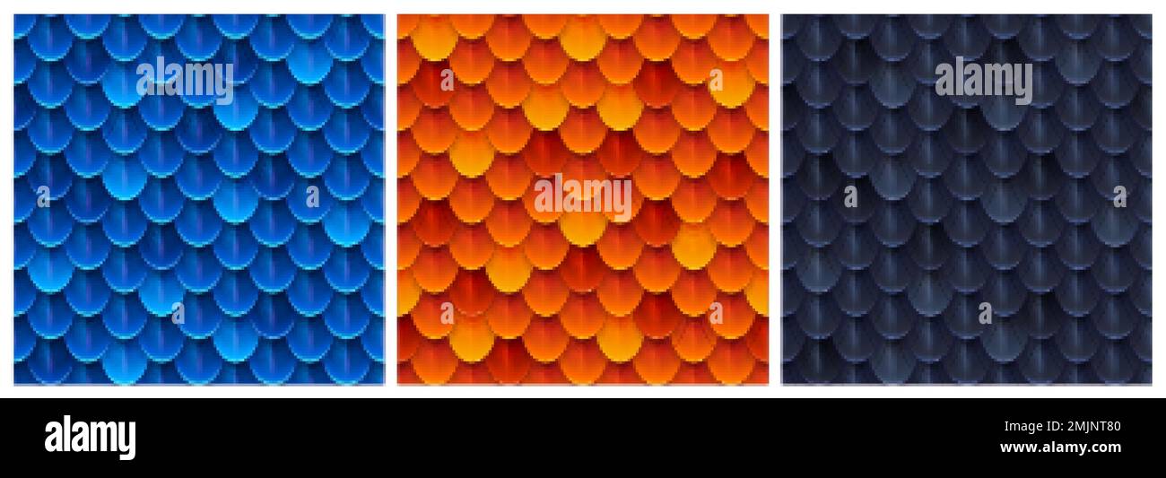 Texture di scala drago, pelle di serpente. Fantasie senza cuciture di squadrama blu, arancione e nero di pesci, sirena, rettile o mostro fantasy, cartoni animati vettoriali Illustrazione Vettoriale